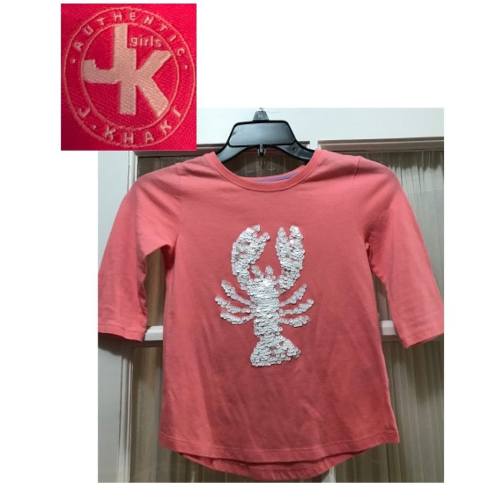 J. Khaki 3/4 sleeve top; decorated with sequined lobster; girls' size small.